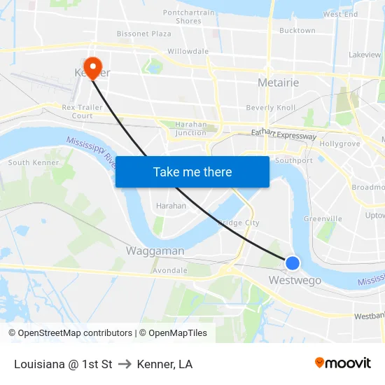 Louisiana @ 1st St to Kenner, LA map