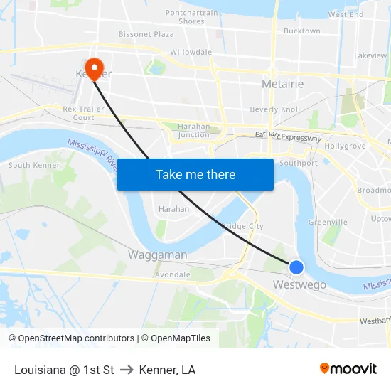 Louisiana @ 1st St to Kenner, LA map