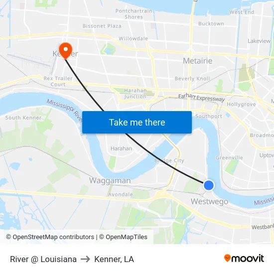 River @ Louisiana to Kenner, LA map
