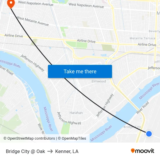 Bridge City @ Oak to Kenner, LA map