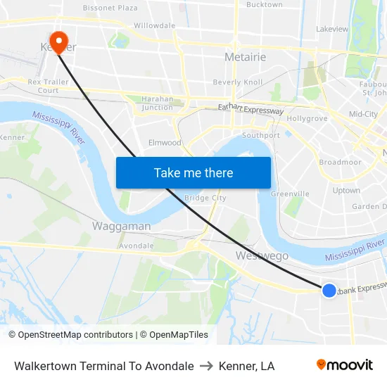 Walkertown Terminal To Avondale to Kenner, LA map