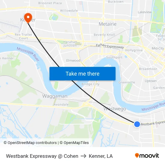 Westbank Expressway @ Cohen to Kenner, LA map