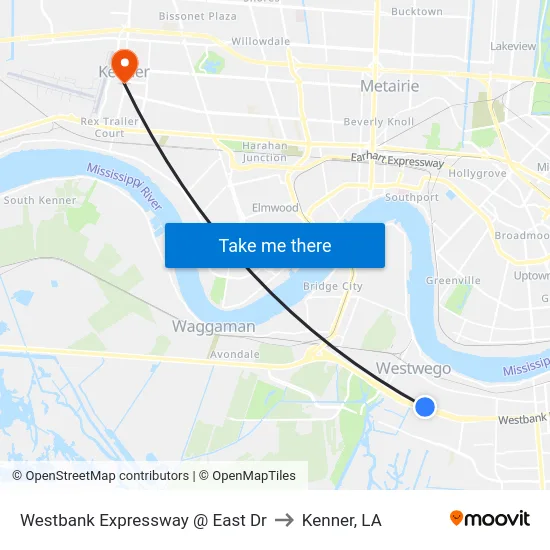 Westbank Expressway @ East Dr to Kenner, LA map