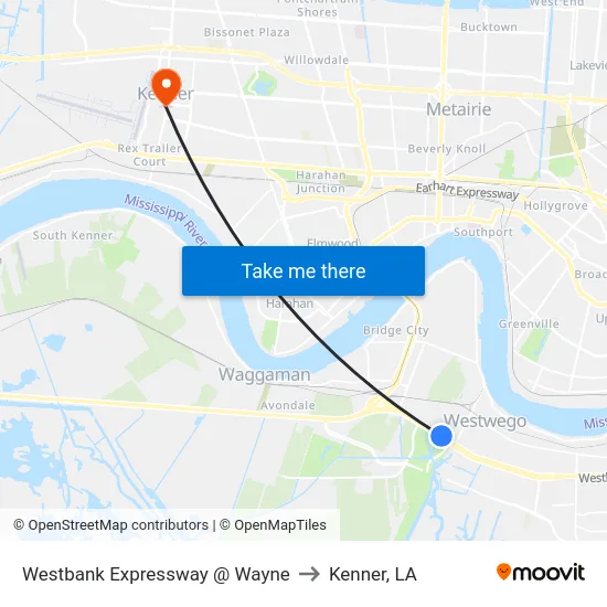 Westbank Expressway @ Wayne to Kenner, LA map