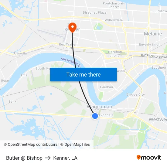 Butler @ Bishop to Kenner, LA map