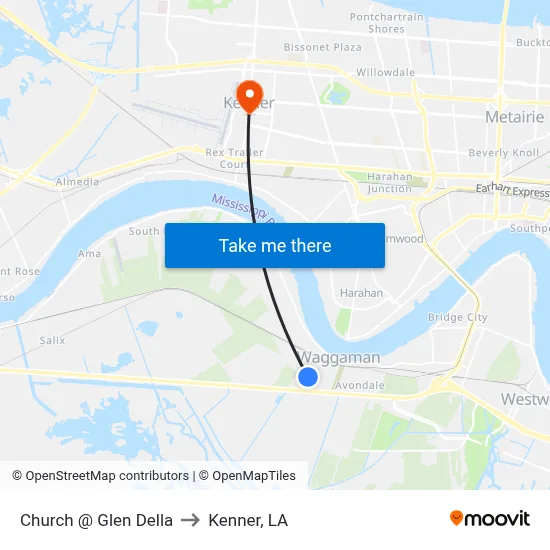 Church @ Glen Della to Kenner, LA map