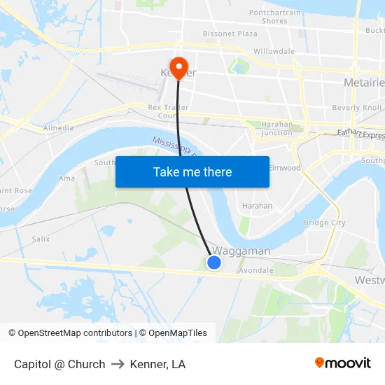 Capitol @ Church to Kenner, LA map