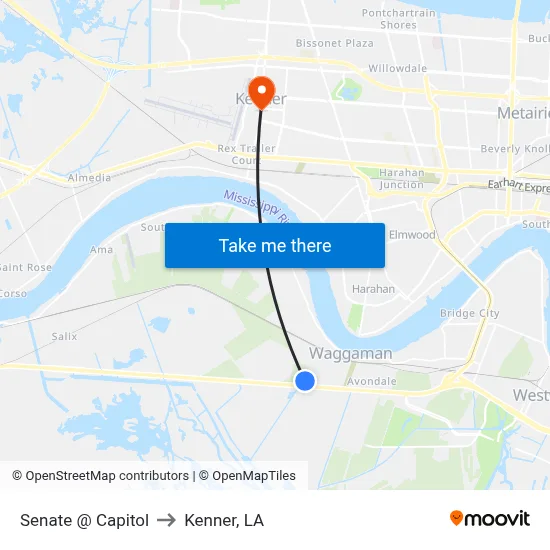 Senate @ Capitol to Kenner, LA map