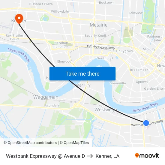 Westbank Expressway @ Avenue D to Kenner, LA map