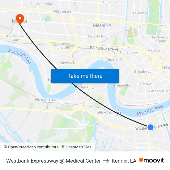 Westbank Expressway @ Medical Center to Kenner, LA map