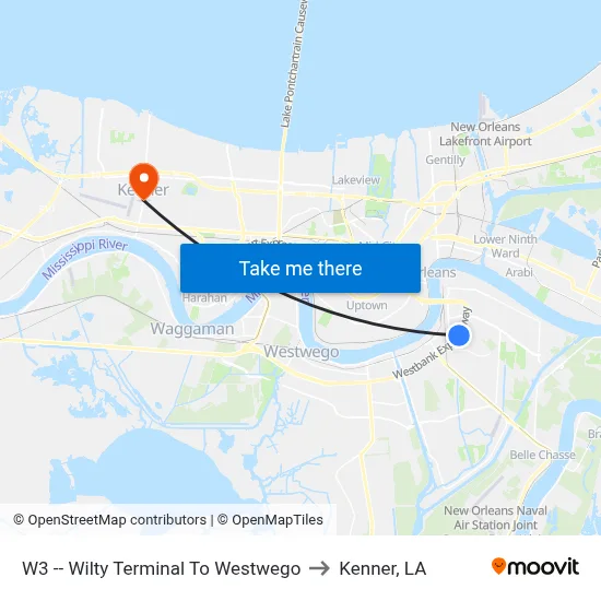 W3 -- Wilty Terminal To Westwego to Kenner, LA map