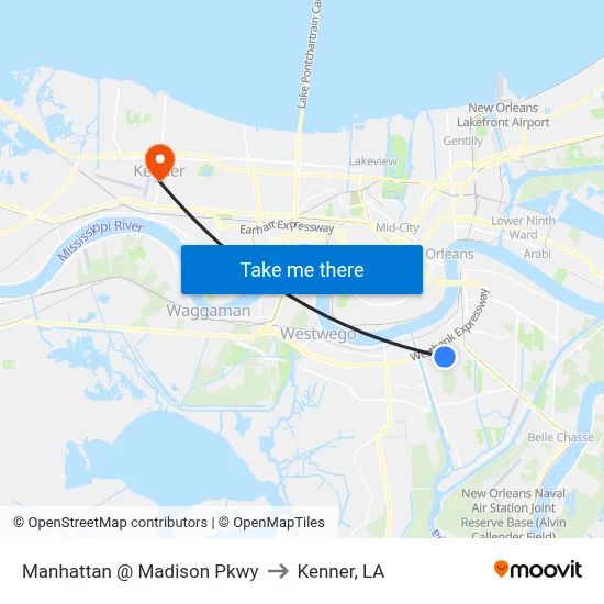 Manhattan @ Madison Pkwy to Kenner, LA map