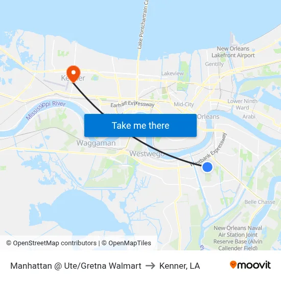 Manhattan @ Ute/Gretna Walmart to Kenner, LA map