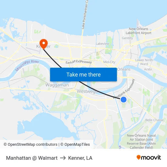 Manhattan @ Walmart to Kenner, LA map
