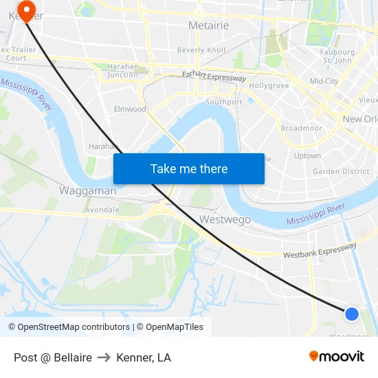 Post @ Bellaire to Kenner, LA map