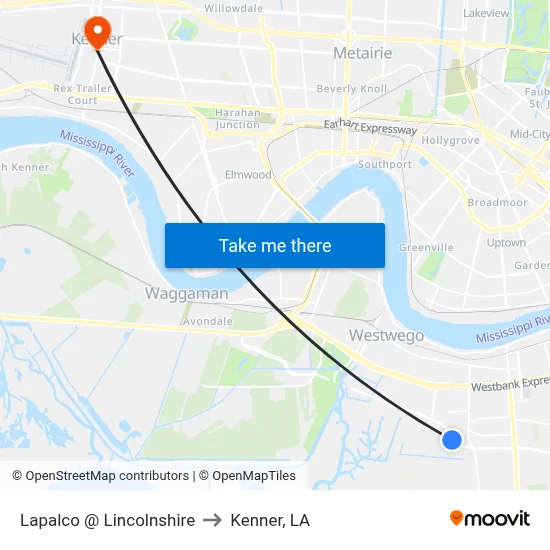 Lapalco @ Lincolnshire to Kenner, LA map