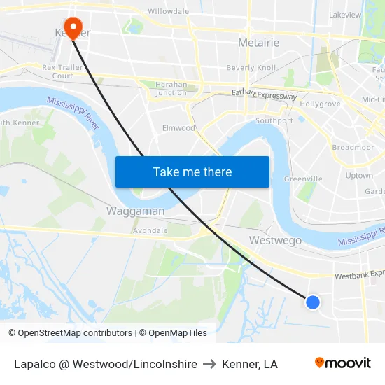 Lapalco @ Westwood/Lincolnshire to Kenner, LA map