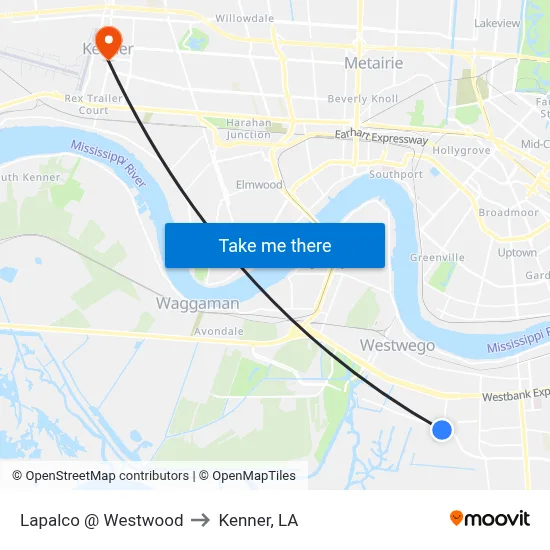 Lapalco @ Westwood to Kenner, LA map