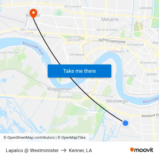Lapalco @ Westminister to Kenner, LA map