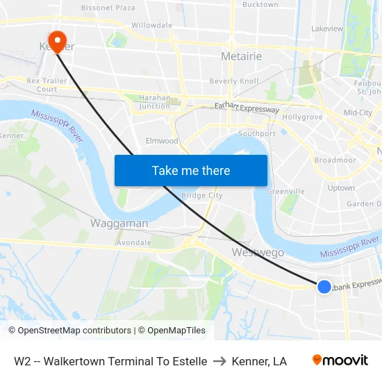 W2 -- Walkertown Terminal To Estelle to Kenner, LA map