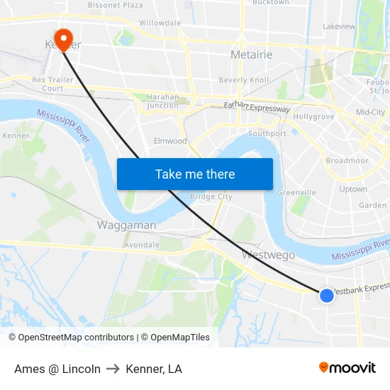 Ames @ Lincoln to Kenner, LA map