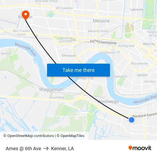 Ames @ 6th Ave to Kenner, LA map