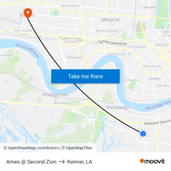 Ames @ Second Zion to Kenner, LA map