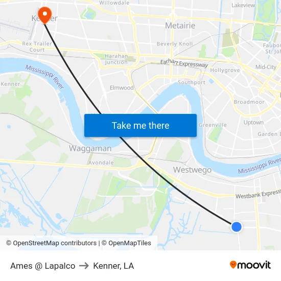 Ames @ Lapalco to Kenner, LA map