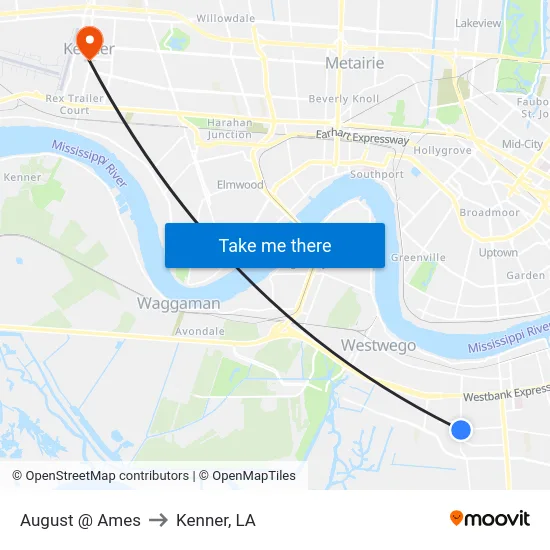 August @ Ames to Kenner, LA map