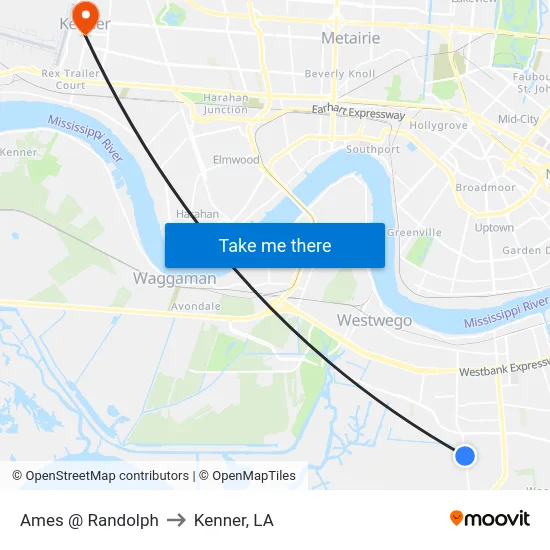 Ames @ Randolph to Kenner, LA map
