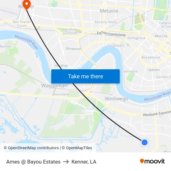 Ames @ Bayou Estates to Kenner, LA map