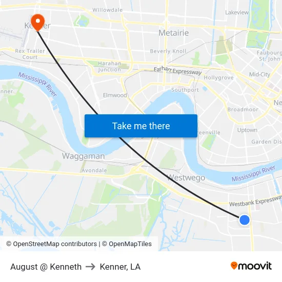 August @ Kenneth to Kenner, LA map