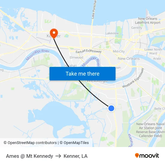 Ames @ Mt Kennedy to Kenner, LA map
