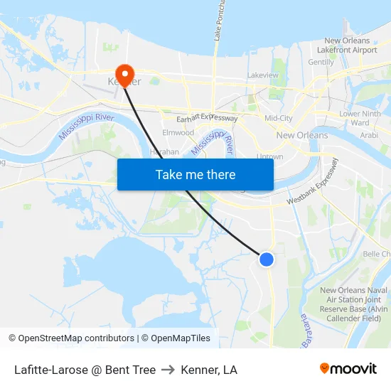 Lafitte-Larose @ Bent Tree to Kenner, LA map