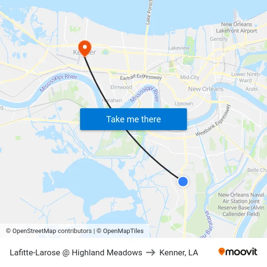 Lafitte-Larose @ Highland Meadows to Kenner, LA map