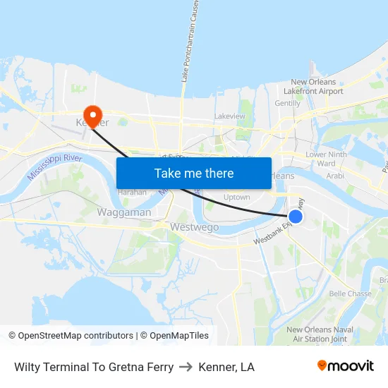 Wilty Terminal To Gretna Ferry to Kenner, LA map
