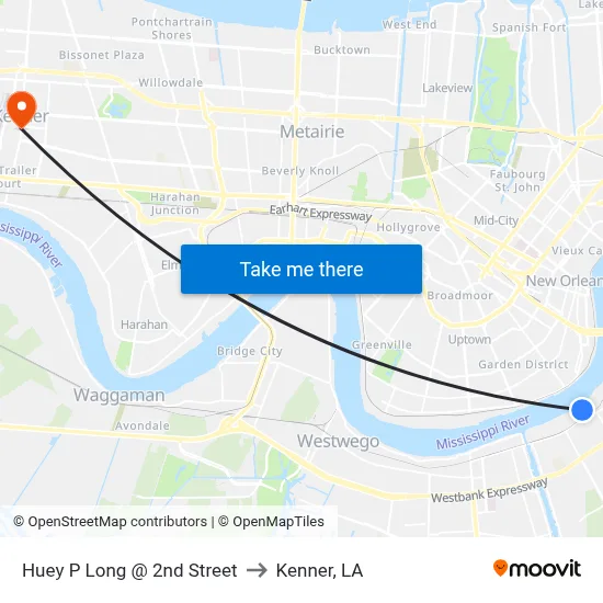 Huey P Long @ 2nd Street to Kenner, LA map