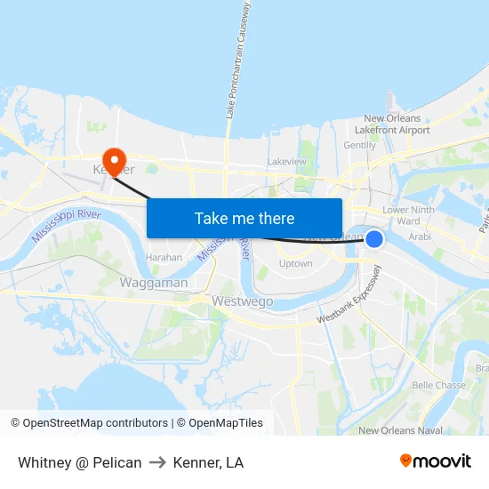 Whitney @ Pelican to Kenner, LA map