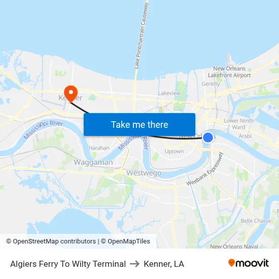 Algiers Ferry To Wilty Terminal to Kenner, LA map