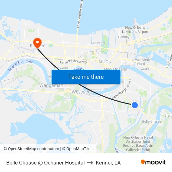 Belle Chasse @ Ochsner Hospital to Kenner, LA map