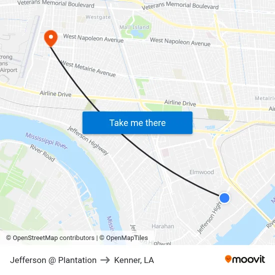 Jefferson @ Plantation to Kenner, LA map