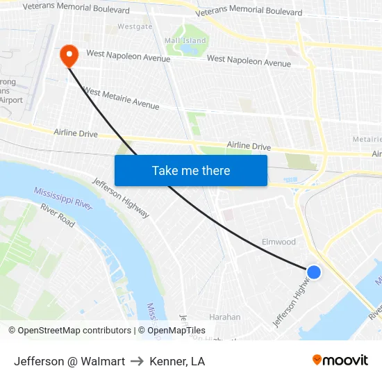 Jefferson @ Walmart to Kenner, LA map