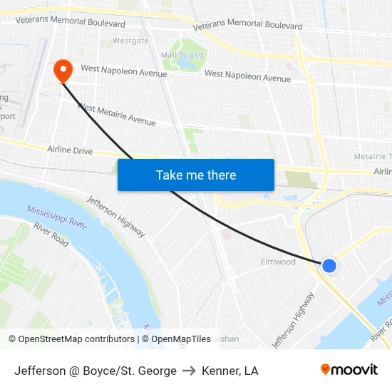 Jefferson @ Boyce/St. George to Kenner, LA map
