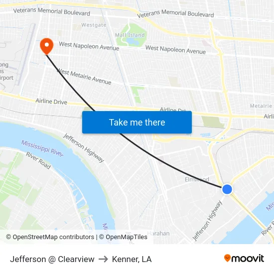 Jefferson @ Clearview to Kenner, LA map