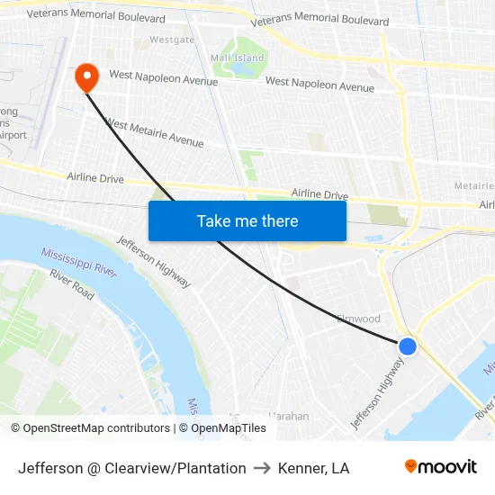 Jefferson @ Clearview/Plantation to Kenner, LA map