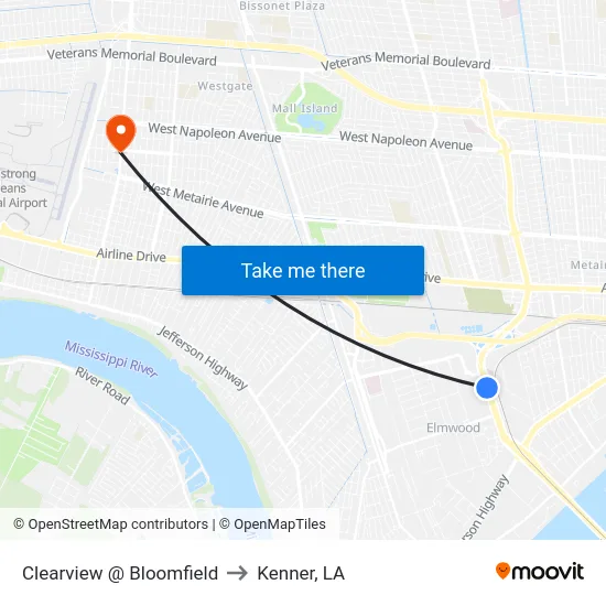 Clearview @ Bloomfield to Kenner, LA map