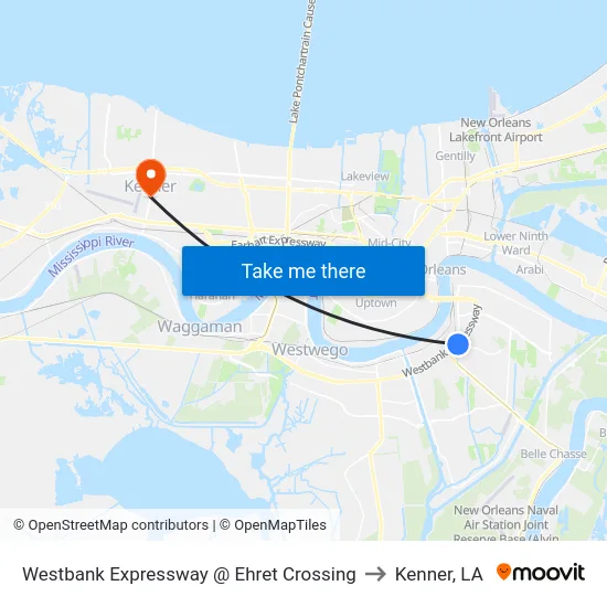 Westbank Expressway @ Ehret Crossing to Kenner, LA map