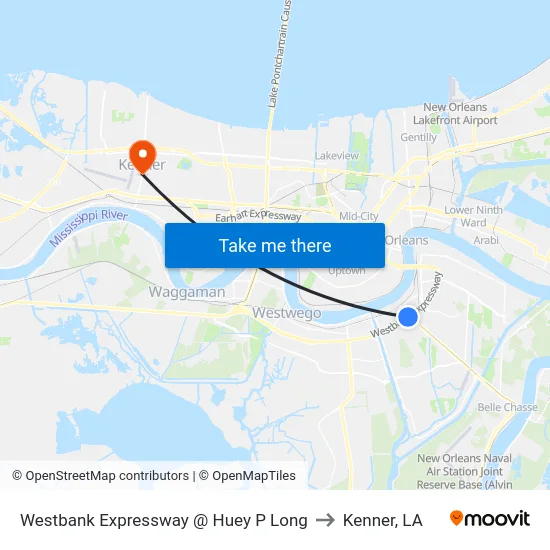 Westbank Expressway @ Huey P Long to Kenner, LA map