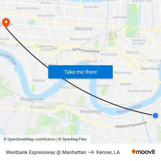 Westbank Expressway @ Manhattan to Kenner, LA map
