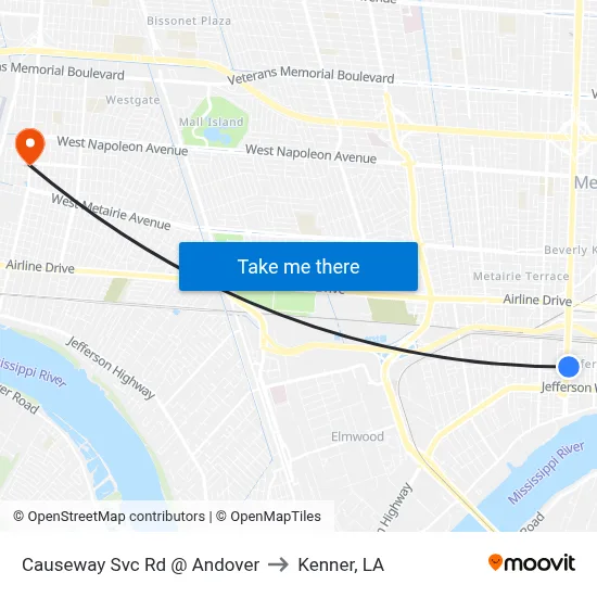 Causeway Svc Rd @ Andover to Kenner, LA map